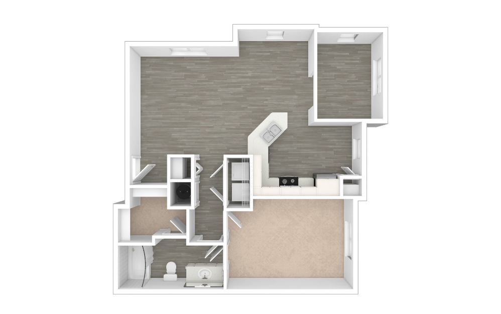 A3 - 1 bedroom floorplan layout with 1 bathroom and 877 square feet (Unfurnished, 3D)