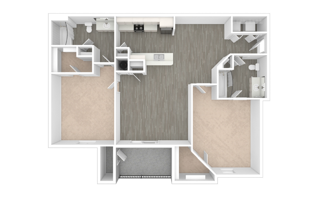 B1 - 2 bedroom floorplan layout with 2 bathrooms and 920 square feet (Unfurnished, 3D)