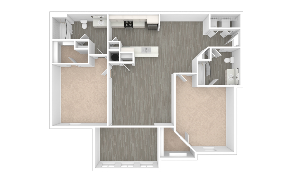 B2 - 2 bedroom floorplan layout with 2 bathrooms and 1018 square feet (Unfurnished, 3D)
