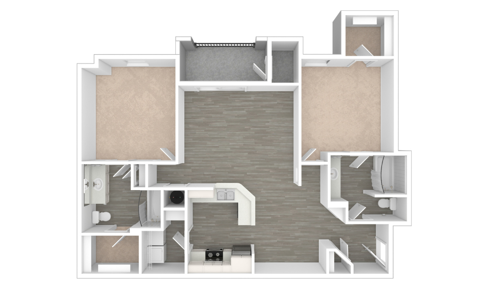 B3 - 2 bedroom floorplan layout with 2 bathrooms and 1124 square feet (Unfurnished, 3D)
