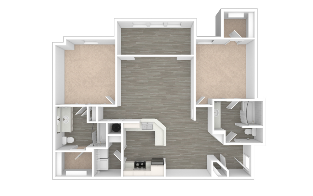 B4 - 2 bedroom floorplan layout with 2 bathrooms and 1245 square feet (Unfurnished, 3D)