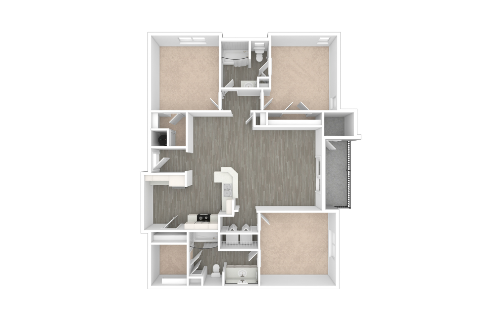C1 - 3 bedroom floorplan layout with 2 bathrooms and 1410 square feet (Unfurnished, 3D)