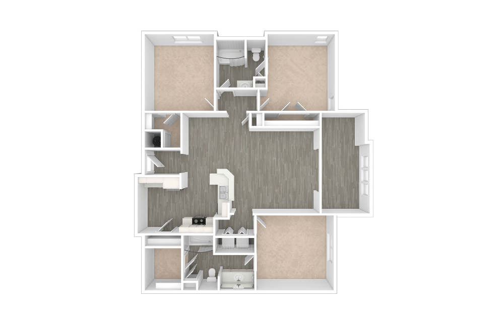 C2 - 3 bedroom floorplan layout with 2 bathrooms and 1551 square feet (Unfurnished, 3D)