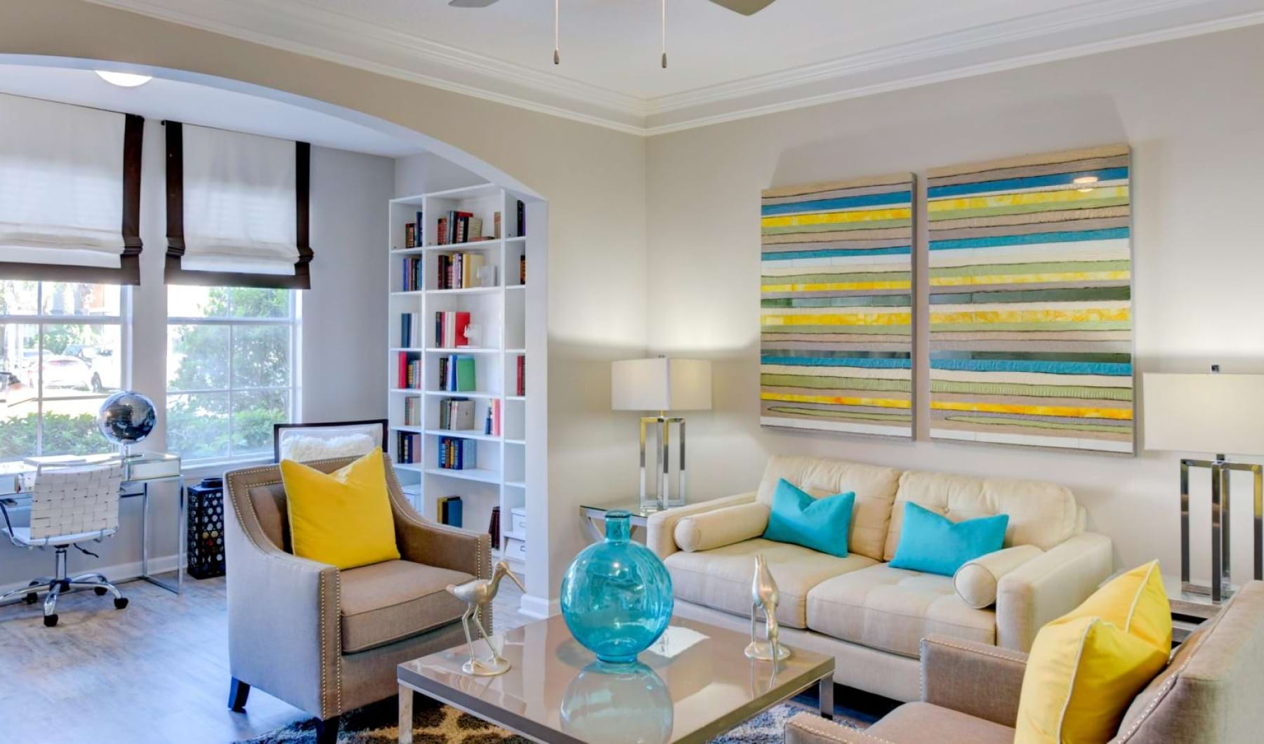 a living room with a large window